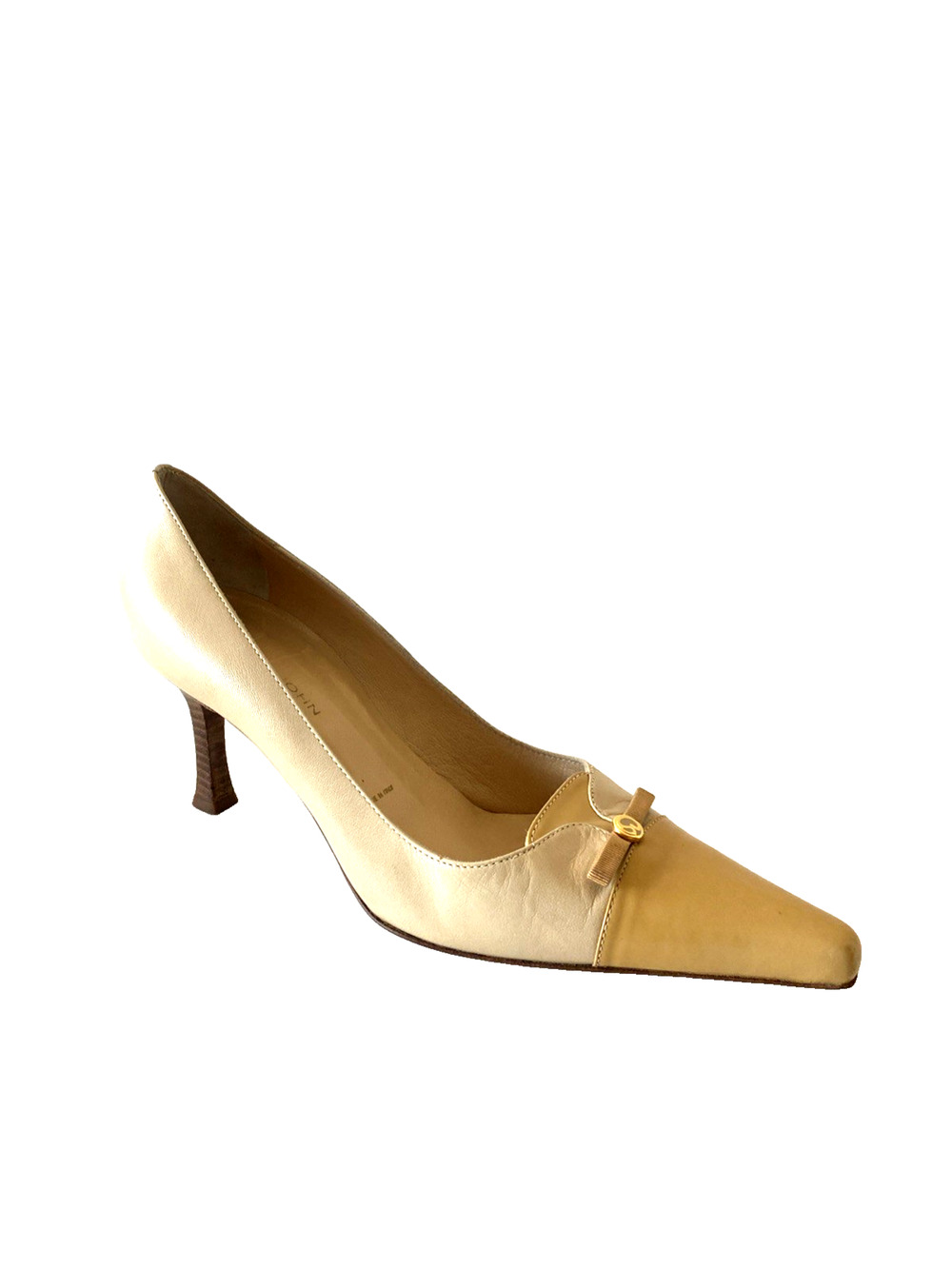 St John Pump Leather Cap Toe Point Toe Tan Nude Beige Slim Heel Logo Bow 7.5